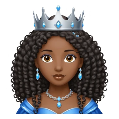 Por favor hazme el emoji de la princesa pero morena con el pelo negro y rizado y largo, los ojos marrones y la corona plateada con jollas azules sticker