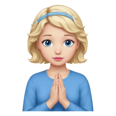Girl Blonde short wavy hair,  blue eyes, cute blue top, long lashes, pink lips, praying hands sticker