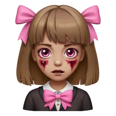 zombie girl with bangs, medium light brown hair and a pink bow, emoji style sticker