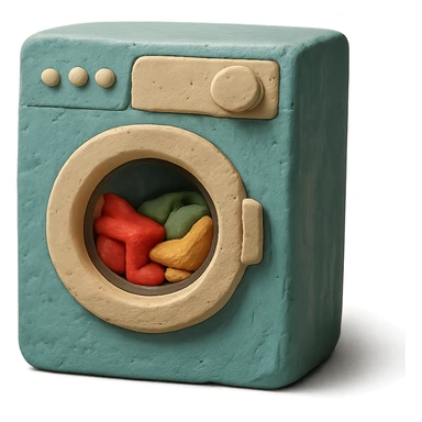 washing machine in claymation style with clothes peeking out, matte finish, soft lighting sticker