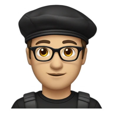 drummer, man, caucasian, black hair, wearing a black beret, glasses, and black t-shirt sticker