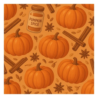 seamless pattern of pumpkins and pumpkin spice, warm orange and cinnamon tones, cozy autumn vibes, soft texture, vector style, high resolution sticker