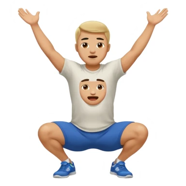 Make a normal wieght guy facing forward squatting with a t-shirt on and his hands up and his mouth open sticker