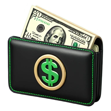 Rich emoji style black leather wallet with dollar bills, luxury money vibe, premium 3D emoji, ultra clean, high detail, no background sticker