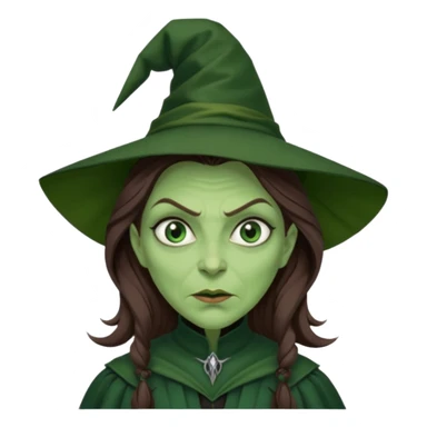 Wicked Witch of the West from the Wizard of Oz with green skin and eyes, brown long hair, dark green outfit sticker