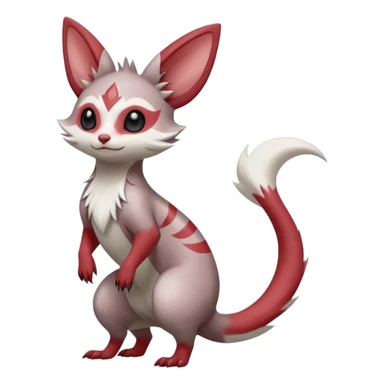 Minccino-Lykoi-Emolga-Pachirisu-Zangoose-fusion-hybrid-animal-Fakémon-creature, full body, thin long sleek scaly tail, intricate markings sticker
