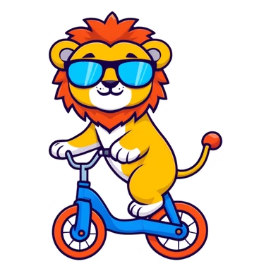 lion riding a bike with sunglasses, cartoon sticker style sticker