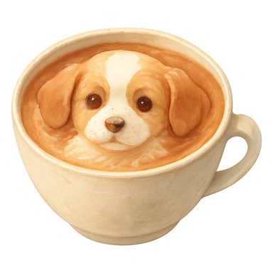 Create a realistic dog latte with realistic texture, gentle lighting, and pastel colors. The image should have no background. Use a realistic style with soft pastel tones and gentle lighting to emphasize the texture and warmth of the latte. sticker