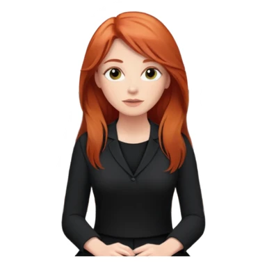 Video call therapy session: red-haired therapist with long hair wearing black minimalist clothing, seated in a professional home office, looking at the webcam; calm, modern teletherapy setting sticker