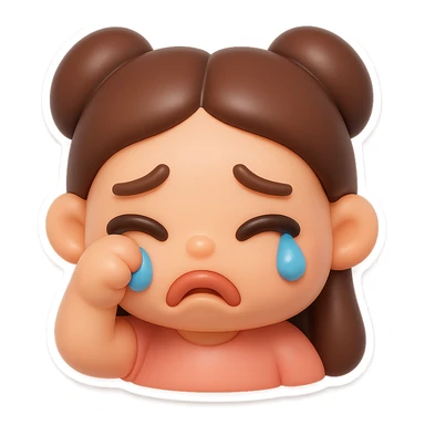 Create a vinyl figure style sticker of the girl from the reference image, crying with a pouty face, wiping away a tear, cute and expressive. sticker