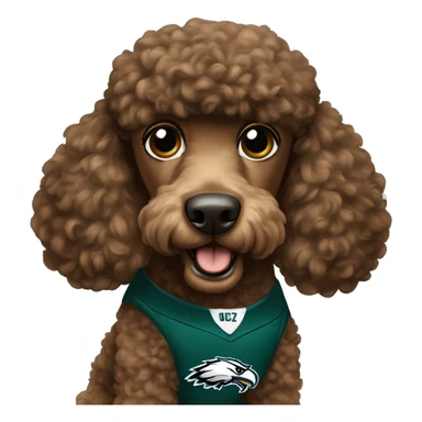 Brown Poodle wearing an eagles jersey sticker