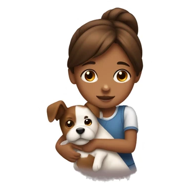 A little girl with brown hair and brown skin hugging a brown and white dog sticker