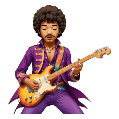 Icon for Rock Music: Jimi Hendrix playing his iconic guitar on stage, surrounded by his band. The design should capture the electrifying energy of his performance with vibrant lighting, swirling colors, and musical intensity. Transparent background. sticker