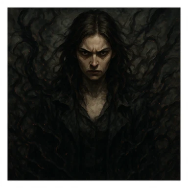A woman with brown hair surrounded by chaotic, negative energy, intimidating presence, intense and foreboding expression, menacing and dreadful aura, sharp features, unsettling vibe sticker