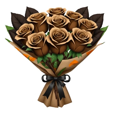 boquete of brown and black roses in a paper package sticker