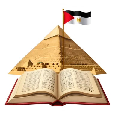 An icon featuring the Pyramids of Giza and the flag of an Arabic-speaking country, symbolizing the Arabic language. The design includes an open book with Arabic script and calligraphy, representing language learning and cultural heritage. Transparent background sticker
