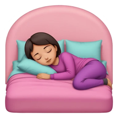 Tan girl with short dark hair sleeping on a comfy pink bed sticker