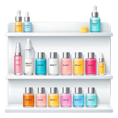 big long white shelf with one serum bottle labeled beauty brand and big sticky note sticker