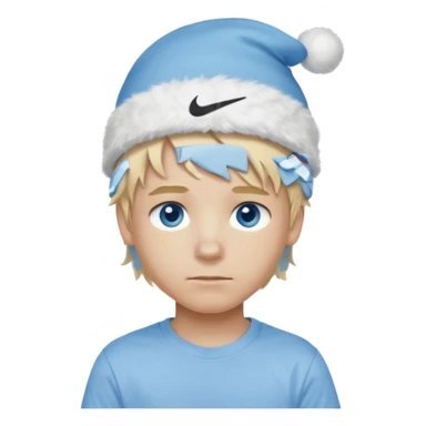 create boy blonde hair long messy, light eyes, white t shirt, rich, long hair, eyes blue, acessory head cristimas blue hat, long hair, t shirt nike sticker