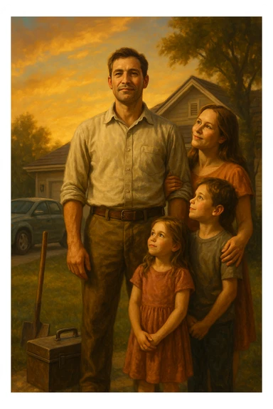 Uomo tra i 35 e i 45 anni, in piedi con postura fiera davanti alla sua casa, circondato dalla famiglia: moglie e figli lo guardano con rispetto e affetto. Indossa abiti semplici ma ordinati, simbolo di lavoro e stabilità (camicia, pantaloni, magari una cassetta degli attrezzi o una valigetta vicino). Sullo sfondo elementi che richiamano i suoi ruoli: casa ordinata, auto familiare, strumenti di lavoro, simboli di protezione e presenza. Espressione serena, forte ma accogliente. Colori caldi, luce naturale del tramonto. Stile realistico, atmosfera rassicurante e simbolica sticker