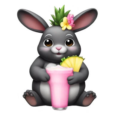 Chubby Black bunny, wearing a pink bow, holding a pina colada sticker
