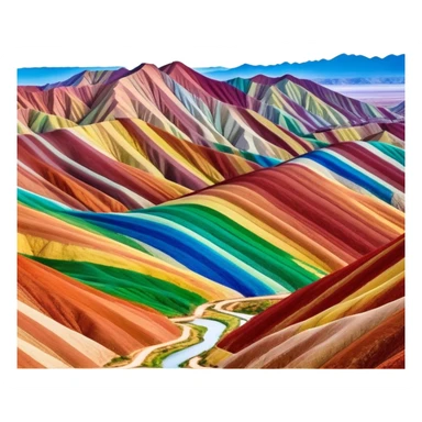 Rainbow Mountains Zhangye Danxia colorful striped hills, simplified emoji style with bold outlines and bright colors, cartoon style multicolored mountain ridges sticker