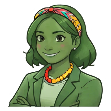 Girl crossing her arms with her hands on her neck smiling with stern eyebrows sticker