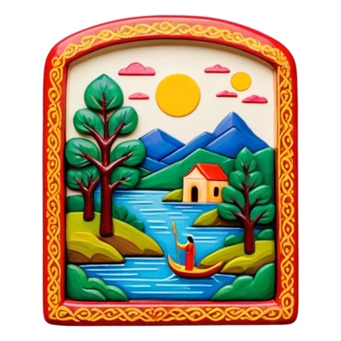 Lacquer miniature on papier-mâché icon, small painted scene on papier-mâché surface, fine brush strokes, vibrant colors, intricate details, minimalistic style, clean lines, transparent background. sticker