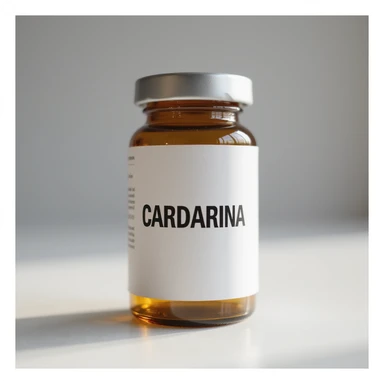 modern pharmaceutical vial with a large and readable label 'CARDARINA', natural light, hyperrealism 4K sticker
