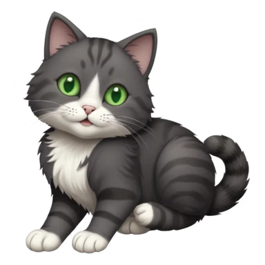 solid dark grey cat with green eyes, white toes/paws and white patch on her chest playfully rolling upside down sticker