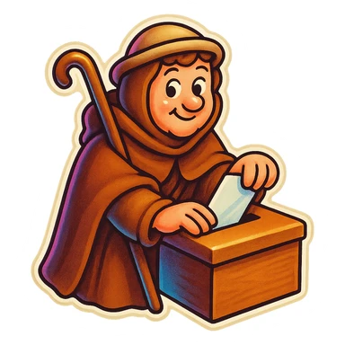 medieval pilgrim dropping a ballot in a box, brown cloak, cute and funny, sticker style sticker