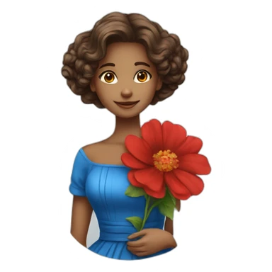 A beatiful girl wear blue and red dress with flower sticker