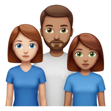 One woman with blue eyes, brown hair, light skin standing next to another woman with darker red brown hair, lighter skin, and green eyes, standing next to a man with no facial hair, blue eyes, and short brown hair sticker