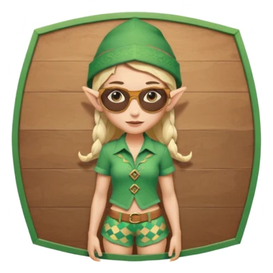 elf female legolas portrait, patterned board shorts (geometric/abstract), unique wooden-framed sunglasses, undercut hairstyle, slight smirk, visible pointy ears, no background, centered emoji, hipster summer vibe coctails with summer hat sticker