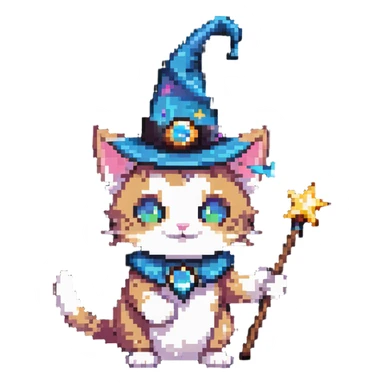 wizard cat with a pointy hat and magic wand sticker