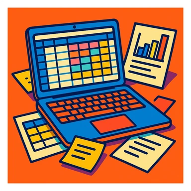 a MacBook with open spreadsheets and paper notes, vibrant cartoon style sticker