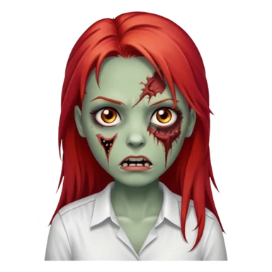 I want to draw a zombie woman, with a scar on her mouth and some bruises on her face, long, straight red hair, and black eyes. She'll be wearing a white shirt. sticker