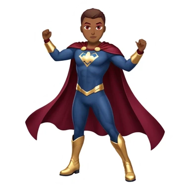 superhero in dark blue and maroon bodysuit with gold accents, digital cape, maroon boots, dynamic pose sticker