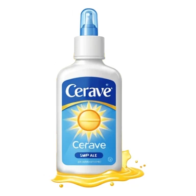 White CeraVe pump bottle with blue label and bright yellow  glow badge. Floating in golden morning light, encircled by radiant sunbeams and shimmering protective particles. Shield Glossy, potion-like, symbolizing daily moisture and powerful sun defense. sticker
