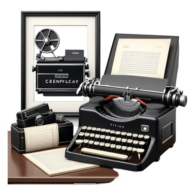 Create an emoji representing screenwriting. The design should feature an open script with visible dialogue and action lines, symbolizing the writing of a screenplay. Include a classic typewriter or a modern writing device, such as a laptop, to signify the process of creating a script. Add a vintage film camera next to the script to emphasize the cinematic aspect of screenwriting. Use a professional color palette with black, white, and subtle metallic tones. Do not include any emojis or smiley faces. Make the background transparent. sticker