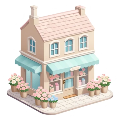 isometric exterior little beige and white shop with abundant pastel florals everywhere sticker