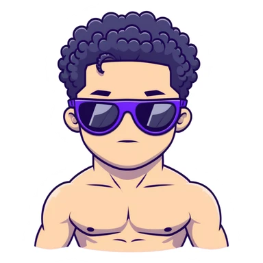 shirtless male athlete with white skin and moderately curly black hair on top with shaved sides, wearing purple sunglasses with black tinted lenses sticker