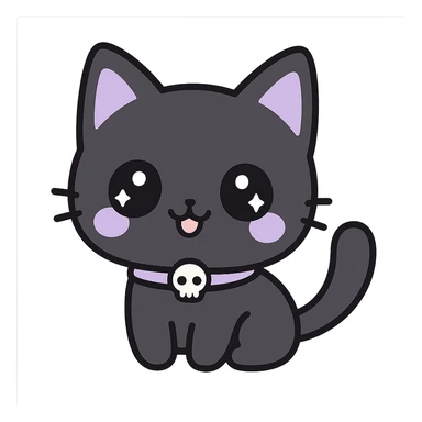 kawaii style gothic cat, happy face, black fur with purple accents, big eyes, tiny skull collar, fun and cute sticker