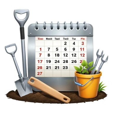 calendar icon with garden tools near. Transparent background sticker