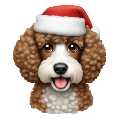 Brown and white Poodle wearing a Santa hat sticker
