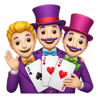 3 poker cards, with crazy colorful human jolly jokers inside, puppeteers sticker