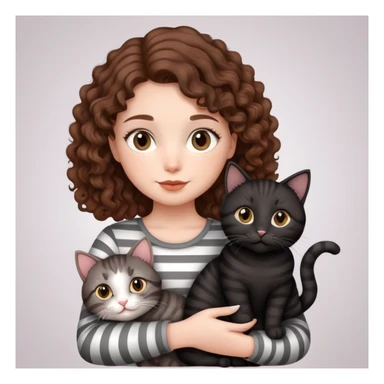 Girl with curly hair holding three cats, one black cat, one grey cat, and one grey-striped cat sticker