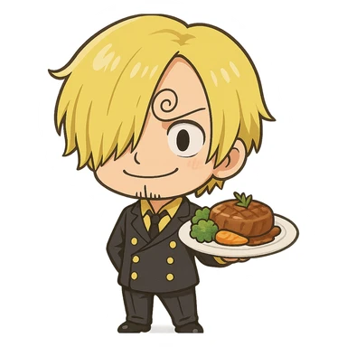 chibi style Sanji from One Piece, big head, small body, curly eyebrow, blond hair, black suit, holding a plate of food sticker