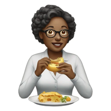 Woman with glasses eating an eggopant sticker