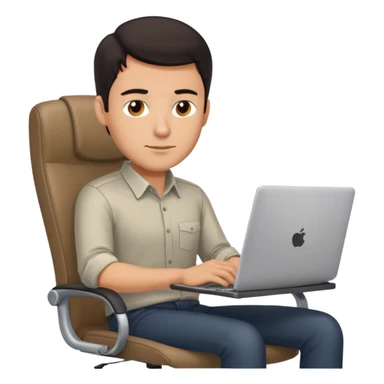 Rich man sitting on a office chair, working at desk, looking to laptop in shirt, dark hair, he is german very beautiful looks like, full body view sticker